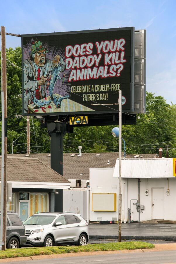 PETA's Father's Day ad on a billboard in Springfield, Missouri, urging families not to go fishing or hunting