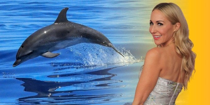 Nikki Glaser next to dolphin swimming in ocean