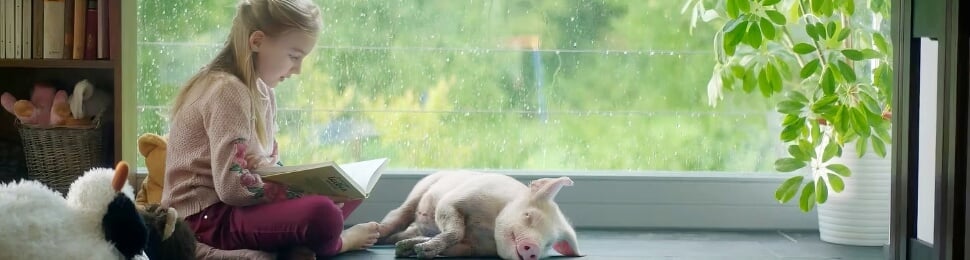 Girl reading a book to a pig