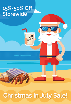 Christmas in July image showing Santa drinking oat milk and a hermit crab