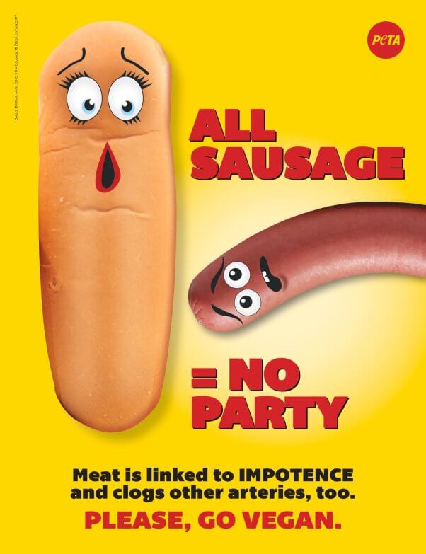 Sausage Party spoof ad for Foodtopia that says "All Sausage = No Party"