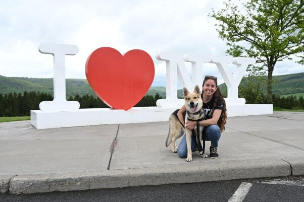 After the PETA rescue, Timothy moved to NY--and posed in front of the "I heart NY" sign
