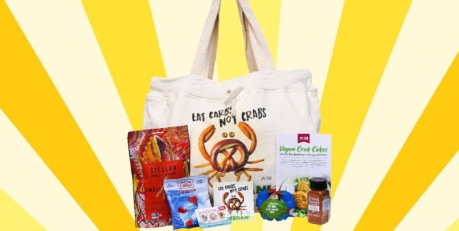 PETA Shop's eat carbs not crabs bundle with yellow background