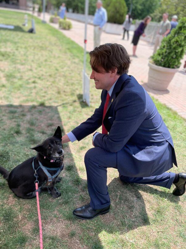 A person in a suit pets a black dog in a harness