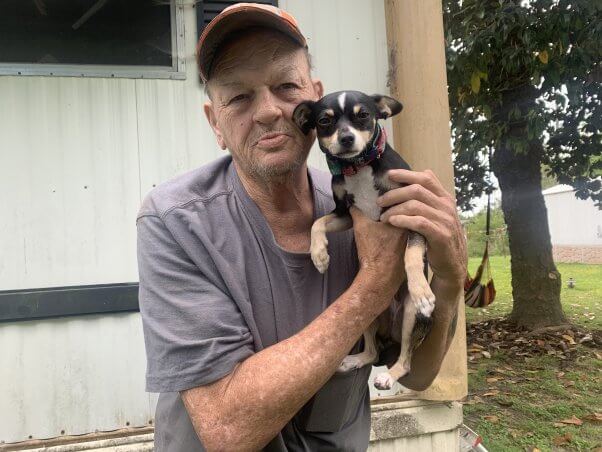 A person holds up a black and white dog