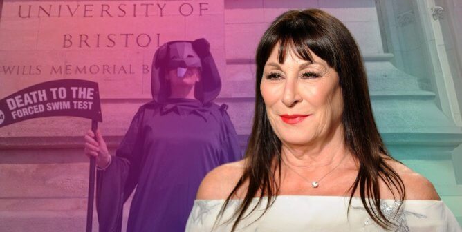 Anjelica Huston in front of mouse protester at university of Bristol