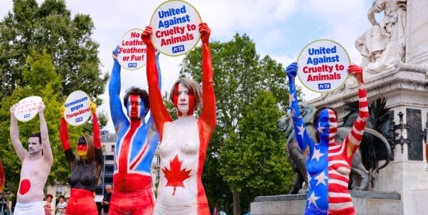 People body painted as different flags to protest wearing animal skins