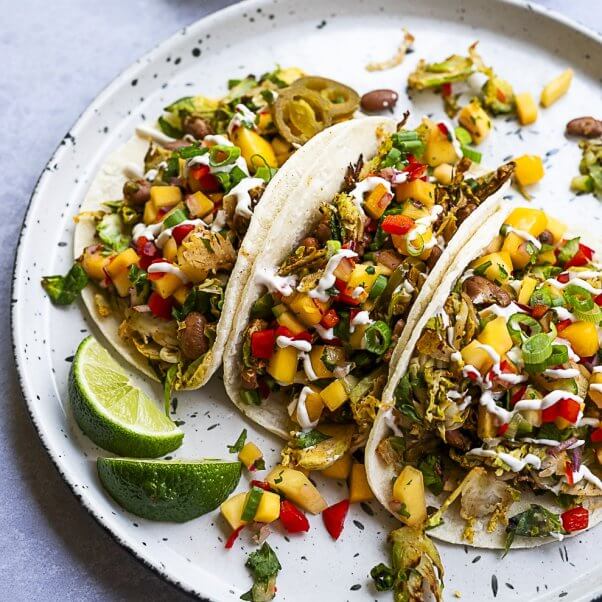 Vegan Brussels Sprout and Pinto Tacos with Mango Salsa