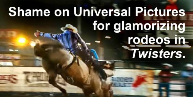 still from twisters movie showing man riding a bull at a rodeo