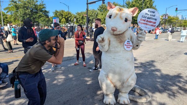 peta mouse mascot outside the democratic national convention 2024