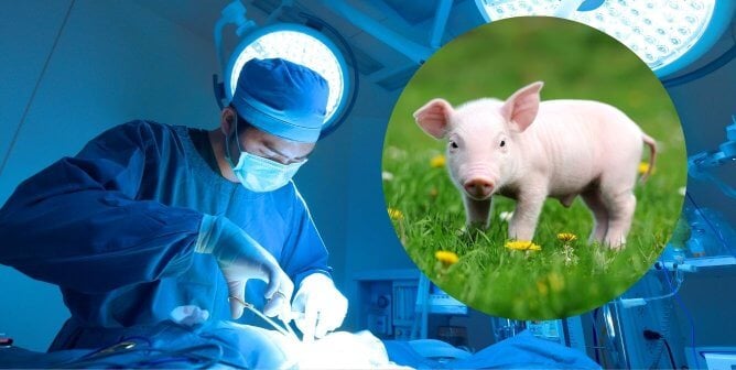 Person doing surgery next to happy pig in grass
