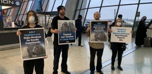 Demonstrators holding signs at Dulles airport