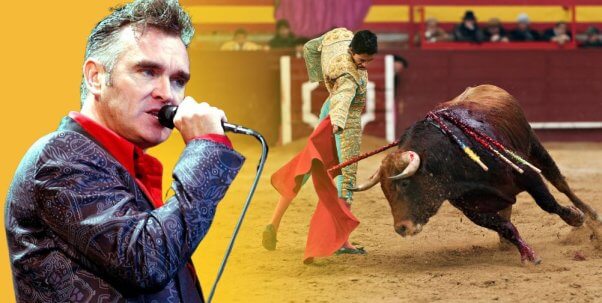 Morrissey with mic on yellow background next to bullfighting event