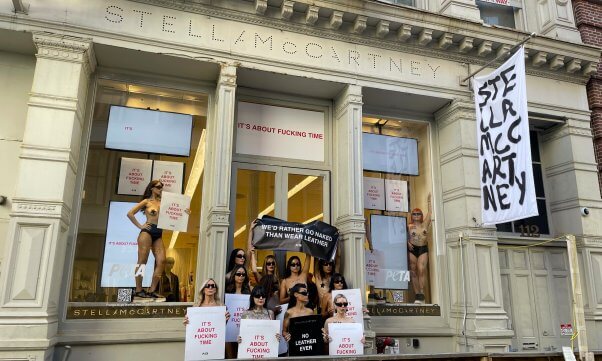 Protesters in front of Stella McCartney's store telling people to stop using leather