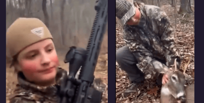 Suspected shooter Golt grey is shown holding a gun on the left, and in the right image poses with the body of a deer he shot and killed