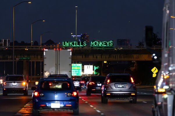 Demonstrators with a light-up banner with text reading UW kills monkeys