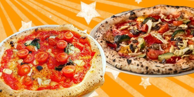 Two vegan pizzas from two of the best pizzerias in the US with an orange stars and stripes background