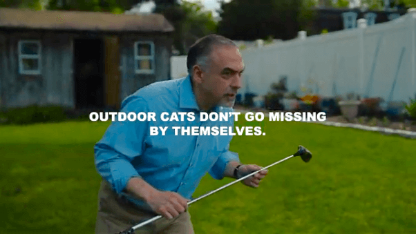 man holding golf club with text that says "outdoor cats don't go missing by themselves"