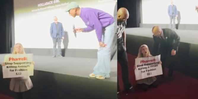 protestor at pharrell williams biopic premiere holding a sign and shouting