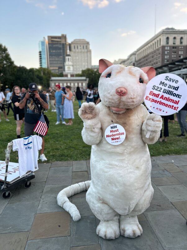 peta mouse mascot in philadelphia for 2024 presidential debate