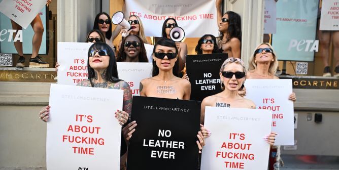 Protesters outside Stella McCartney store urging people to stop wearing leather