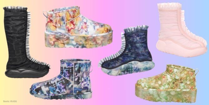 a collage of floral print and mesh Ugg boots over a gradient background