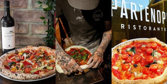 three images of vegan pizza from top pizza spots in the country