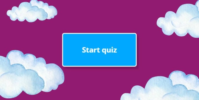 blue start quiz button on a purple background with blue clouds