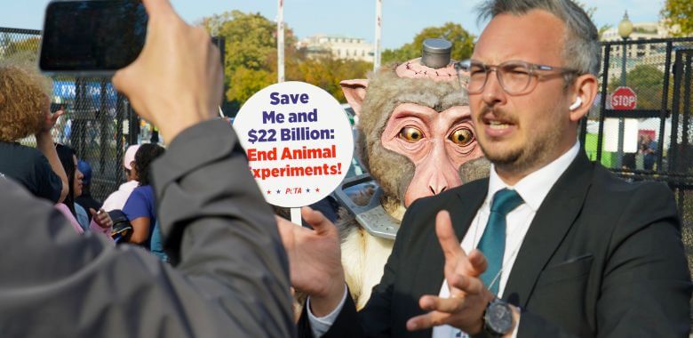 ‘Monkey’ Calls Out Wasteful Tests on Animals During Washington, D.C., Rally