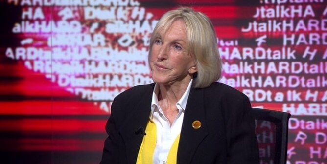 PETA President Ingrid Newkirk appears on BBC HARDtalk in September 2024