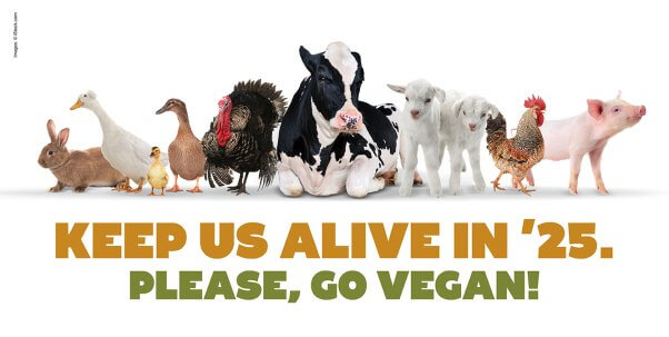 New Years billboard for 2025 featuring a variety of animals and text that says "Keep us alive in '25. Please, go vegan."