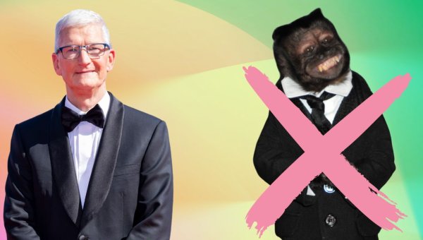 Tim cook and Crystal, the monkey from Bad Monkey with a pink x over her on a green and yellow background