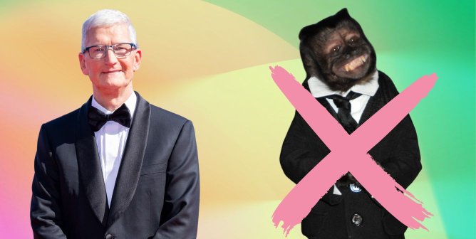 Tim cook and Crystal, the monkey from Bad Monkey with a pink x over her on a green and yellow background