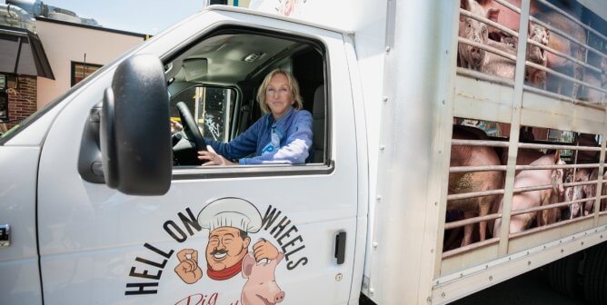 Ingrid drives PETA's "Hell on Wheels" truck through Chicago on her 75th birthday