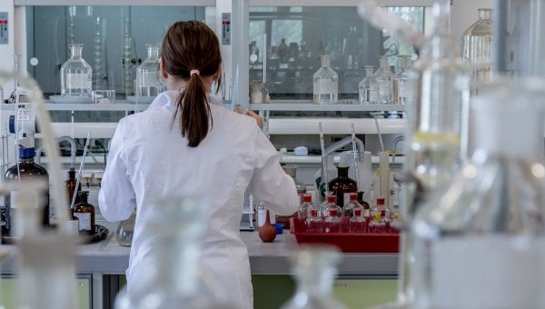 A person from the back working in a lab