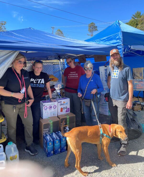 photo of five humans and one dog on leash under a blue tent stocked full of animal care supplies