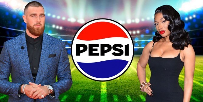 Pepsi logo with Megan THEE Stallion, Travis Kelce and football field background