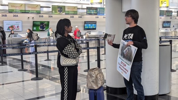 PETA Supporter with a poster sign speaks with a passerby at the Ohare airport