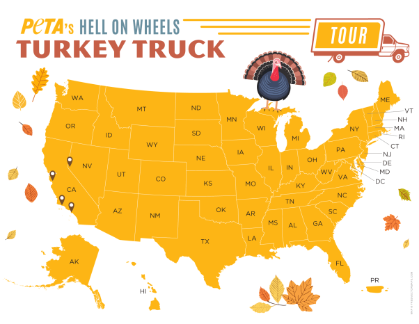 Tour map shows locations in the U.S. visited by PETA's Hell on Wheels turkey truck