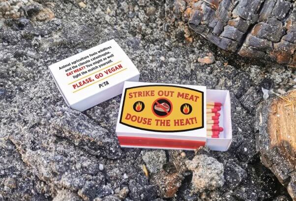 Photo of a matchbox in a pile of ash. Label reads Strike out Meat, Douse the Heat! Animal agriculture fuels wildfires and the climate catastrophe. Eat meat? You might as well light the match yourself. Please, go vegan