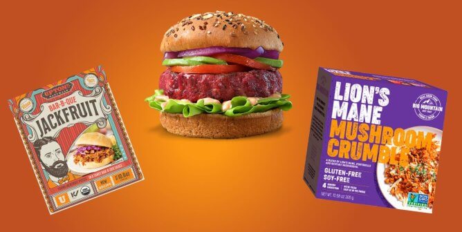 veggie-based vegan meat brands Actual Veggies, Big Mountain Foods, and Upton's Naturals