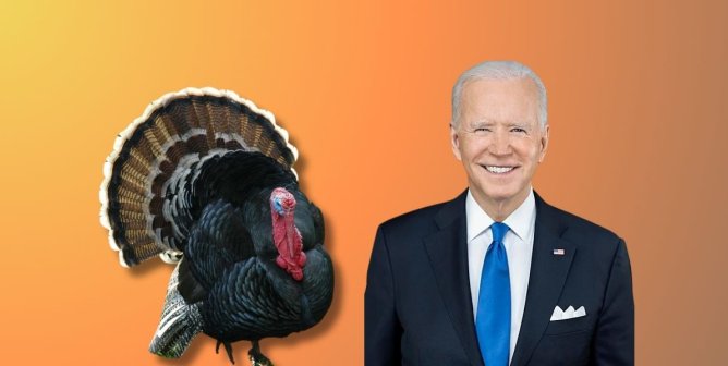 president joe biden on gradient background next to a turkey