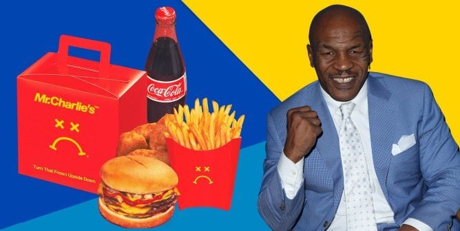 Mike Tyson with Mr. Charlie's meal and blue and yellow background