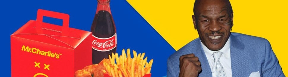 Mike Tyson with Mr. Charlie's meal and blue and yellow background