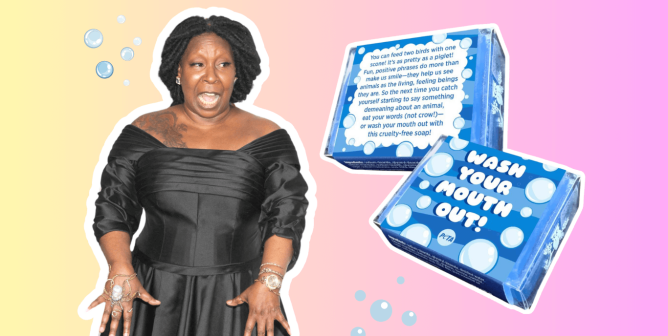 whoopi goldberg and a box of soap from peta