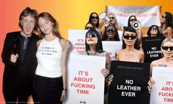 stella and paul mccartney on a gradient background next to protestors holding "no leather ever" signs in award for PETA's 2024 Person of the Year