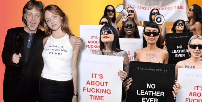 stella and paul mccartney on a gradient background next to protestors holding "no leather ever" signs in award for PETA's 2024 Person of the Year