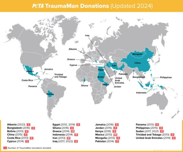 Map infographic showing global donations of TraumaMan units