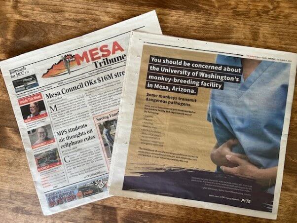 Photo of PETA's full page ad in The Mesa Tribune