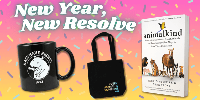 banner with peta products and text that reads new year new resolve